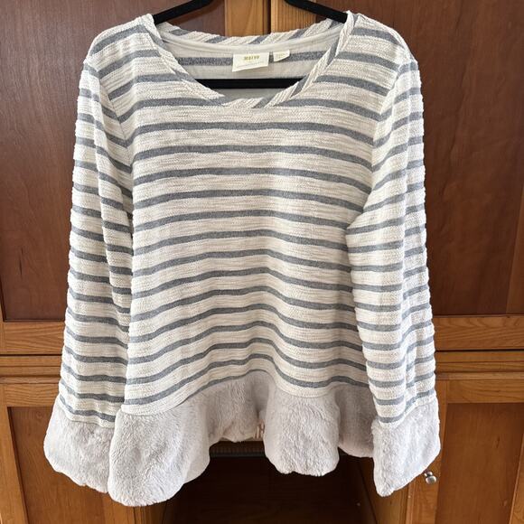 Maeve Anthropologie Sweater Women's White Gray Stripe Faux Fur Trim Crop Size XL - Picture 1 of 12